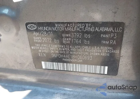 2011 Hyundai Elantra Gls z USA, uszkodzony, nr VIN 5NPDH4AE1BH060693